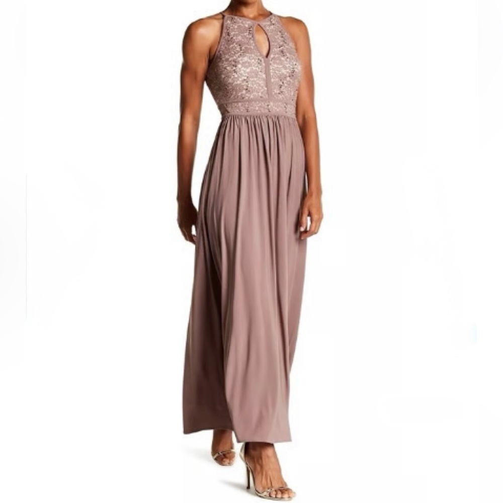 Morgan & Co. from David's Bridal Lace Sequence Bodice Back Keyhole Halter Dress